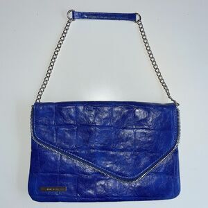 NINE WEST Large Blue Envelope Clutch, Textured, Silver Chain Strap & Zip Decor